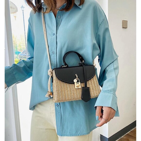 Black Straw Square Beach Bag for Women, Multi-Use Summer Purse - Picture 3 of 6